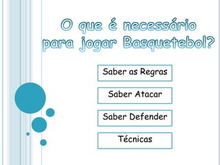 Saber as Regras
Saber Atacar
Saber Defender
Técnicas
 