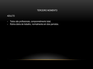TERCEIRO MOMENTO
ADULTO
- Todos são profissionais, comprometimento total;
- Rotina diária de trabalho, normalmente em dois períodos.
 