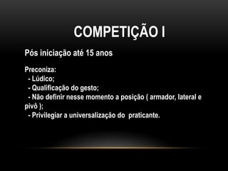 COMPETIÇÃO I
Pós iniciação até 15 anos
Preconiza:
- Lúdico;
- Qualificação do gesto;
- Não definir nesse momento a posição ( armador, lateral e
pivô );
- Privilegiar a universalização do praticante.
 