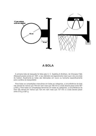 A BOLA
A primeira bola de basquete foi feita pela A. C. Spalding & Brothers, de Chicopee Falls
(Massachussets) ainda em 1891, e seu diâmetro era ligeiramente maior que o de uma bola
de futebol. Atualmente as bolas são fabricadas em couro ou borracha especificamente
para a prática do basquetebol.
Para todas as competições masculinas em todas as categorias, a circunferência da bola
não deverá ter menos que 749 mm nem mais que 780 mm e a bola deverá pesar entre 567
g 650 g. Para todas as competições femininas em todas as categorias, a circunferência da
bola não deverá ter menos que 724 mm nem mais que 737 mm e a bola deverá pesar
entre 510 g e 567 g.
 