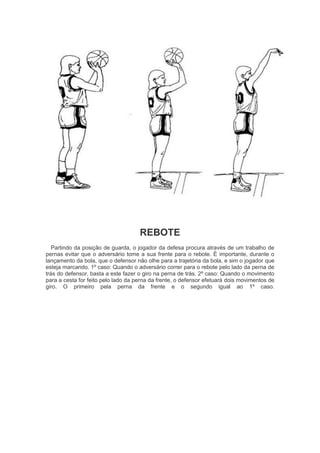 REBOTE
Partindo da posição de guarda, o jogador da defesa procura através de um trabalho de
pernas evitar que o adversário tome a sua frente para o rebote. É importante, durante o
lançamento da bola, que o defensor não olhe para a trajetória da bola, e sim o jogador que
esteja marcando. 1º caso: Quando o adversário correr para o rebote pelo lado da perna de
trás do defensor, basta a este fazer o giro na perna de trás. 2º caso: Quando o movimento
para a cesta for feito pelo lado da perna da frente, o defensor efetuará dois movimentos de
giro. O primeiro pela perna da frente e o segundo igual ao 1º caso.
 