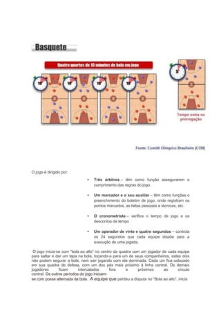 O jogo é dirigido por:
 Três árbitros – têm como função assegurarem o
cumprimento das regras do jogo.
 Um marcador e o seu auxiliar – têm como funções o
preenchimento do boletim de jogo, onde registram os
pontos marcados, as faltas pessoais e técnicas, etc.
 O cronometrista – verifica o tempo de jogo e os
descontos de tempo
 Um operador de vinte e quatro segundos – controla
os 24 segundos que cada equipe dispõe para a
execução de uma jogada.
O jogo inicia-se com “bola ao alto” no centro da quadra com um jogador de cada equipe
para saltar e dar um tapa na bola, tocando-a para um de seus companheiros, estes dois
não podem segurar a bola, nem sair jogando com ela dominada. Cada um fica colocado
em sua quadra de defesa, com um dos pés mais próximo à linha central. Os demais
jogadores ficam intercalados fora e próximos ao círculo
central. Os outros períodos do jogo iniciam-
se com posse alternada da bola. A equipe que perdeu a disputa no “Bola ao alto”, inicia
 