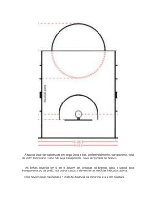 A tabela deve ser construída em peça única e ser, preferencialmente, transparente, feita
de vidro temperado. Caso não seja transparente, deve ser pintada de branco.
As linhas deverão ter 5 cm e devem ser pintadas de branco, caso a tabela seja
transparente; ou de preto, nos outros casos; e devem ter as medidas indicadas acima.
Elas devem estar colocadas a 1,20m de distância da linha final e a 2,9m de altura.
 