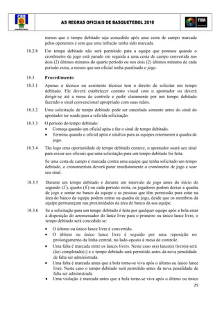 AS REGRAS OFICIAIS DE BASQUETEBOL 2010
25
menos que o tempo debitado seja concedido após uma cesta de campo marcada
pelos oponentes e sem que uma infração tenha sido marcada.
18.2.8 Um tempo debitado não será permitido para a equipe que pontuou quando o
cronômetro de jogo está parado em seguida a uma cesta de campo convertida nos
dois (2) últimos minutos do quarto período ou nos dois (2) últimos minutos de cada
período extra, a menos que um oficial tenha paralisado o jogo.
18.3 Procedimento
18.3.1 Apenas o técnico ou assistente técnico tem o direito de solicitar um tempo
debitado. Ele deverá estabelecer contato visual com o apontador ou deverá
dirigir-se até a mesa de controle e pedir claramente por um tempo debitado
fazendo o sinal convencional apropriado com suas mãos.
18.3.2 Uma solicitação de tempo debitado pode ser cancelada somente antes do sinal do
apontador ter soado para a referida solicitação.
18.3.3 O período do tempo debitado:
• Começa quando um oficial apita e faz o sinal de tempo debitado.
• Termina quando o oficial apita e sinaliza para as equipes retornarem à quadra de
jogo.
18.3.4 Tão logo uma oportunidade de tempo debitado comece, o apontador soará seu sinal
para avisar aos oficiais que uma solicitação para um tempo debitado foi feita.
Se uma cesta de campo é marcada contra uma equipe que tenha solicitado um tempo
debitado, o cronometrista deverá parar imediatamente o cronômetro de jogo e soar
seu sinal.
18.3.5 Durante um tempo debitado e durante um intervalo de jogo antes do início do
segundo (2º
), quarto (4º
) ou cada período extra, os jogadores podem deixar a quadra
de jogo e sentar no banco da equipe e as pessoas que têm permissão para estar na
área do banco da equipe podem entrar na quadra de jogo, desde que os membros da
equipe permaneçam nas proximidades da área de banco da sua equipe.
18.3.6 Se a solicitação para um tempo debitado é feita por qualquer equipe após a bola estar
à disposição do arremessador do lance livre para o primeiro ou único lance livre, o
tempo debitado será concedido se:
• O último ou único lance livre é convertido.
• O último ou único lance livre é seguido por uma reposição no
prolongamento da linha central, no lado oposto à mesa de controle.
• Uma falta é marcada entre os lances livres. Neste caso o(s) lance(s) livre(s) será
(ão) completado(s) e o tempo debitado será permitido antes da nova penalidade
de falta ser administrada.
• Uma falta é marcada antes que a bola torne-se viva após o último ou único lance
livre. Neste caso o tempo debitado será permitido antes da nova penalidade de
falta ser administrada.
• Uma violação é marcada antes que a bola torne-se viva após o último ou único
 