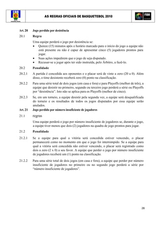AS REGRAS OFICIAIS DE BASQUETEBOL 2010
28
Art. 20 Jogo perdido por desistência
20.1 Regra
Uma equipe perderá o jogo por desistência se:
• Quinze (15) minutos após o horário marcado para o início do jogo a equipe não
está presente ou não é capaz de apresentar cinco (5) jogadores prontos para
jogar.
• Suas ações impedirem que o jogo de seja disputado.
• Recusar-se a jogar após ter sido instruída, pelo Árbitro, a fazê-lo.
20.2 Penalidade
20.2.1 A partida é concedida aos oponentes e o placar será de vinte a zero (20 a 0). Além
disso, o time desistente receberá zero (0) ponto na classificação.
20.2.2 Para uma série total de dois jogos (em casa e fora) e para Playoffs (melhor de três), a
equipe que desistir no primeiro, segundo ou terceiro jogo perderá a série ou Playoffs
por “desistência”. Isto não se aplica para os Playoffs (melhor de cinco).
20.2.3 Se, em um torneio, a equipe desistir pela segunda vez, a equipe será desqualificada
do torneio e os resultados de todos os jogos disputados por essa equipe serão
anulados.
Art. 21 Jogo perdido por número insuficiente de jogadores
21.1 regras
Uma equipe perderá o jogo por número insuficiente de jogadores se, durante o jogo,
a equipe tiver menos que dois (2) jogadores na quadra de jogo prontos para jogar.
21.2 Penalidade
21.2.1 Se a equipe para qual a vitória será concedida estiver vencendo, o placar
permanecerá como no momento em que o jogo foi interrompido. Se a equipe para
qual a vitória será concedida não estiver vencendo, o placar será registrado como
dois a zero (2 x 0) a seu favor. A equipe que perder o jogo por número insuficiente
de jogadores receberá um (1) ponto na classificação.
21.2.2 Para uma série total de dois jogos (em casa e fora), a equipe que perder por número
insuficiente de jogadores no primeiro ou no segundo jogo perderá a série por
“número insuficiente de jogadores”.
 