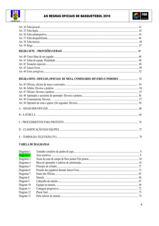 AS REGRAS OFICIAIS DE BASQUETEBOL 2010
4
Art. 34 Falta pessoal................................................................................................................................................................ 41
Art. 35 Falta dupla................................................................................................................................................................... 42
Art. 36 Falta antidesportiva..................................................................................................................................................... 43
Art. 37 Falta desqualificante................................................................................................................................................... 44
Art. 38 Falta técnica................................................................................................................................................................. 44
Art. 39 Briga............................................................................................................................................................................ 47
REGRA SETE - PROVISÕES GERAIS........................................................................................................................... 48
Art. 40 Cinco faltas de um jogador......................................................................................................................................... 48
Art. 41 Faltas de equipe: Penalidade....................................................................................................................................... 48
Art. 42 Situações especiais...................................................................................................................................................... 48
Art. 43 Lances livres................................................................................................................................................................ 49
Art. 44 Erros corrigíveis.......................................................................................................................................................... 52
REGRA OITO - OFICIAIS, OFICIAIS DE MESA, COMISSÁRIO: DEVERES E PODERES ................................ 54
Art. 45 Oficiais, oficiais de mesa e comissário....................................................................................................................... 54
Art. 46 Árbitro: Deveres e poderes …..................................................................................................................................... 54
Art. 47 Oficiais: Deveres e poderes…..................................................................................................................................... 55
Art. 48 Apontador e assistente de apontador: Deveres e poderes........................................................................................... 56
Art. 49 Cronometrista: Deveres……....................................................................................................................................... 57
Art. 50 Operador de vinte e quatro (24) segundos: Deveres................................................................................................... 58
A – SINAIS DOS OFICIAIS .................................................................................................................................................. 60
B - A SÚMULA ...................................................................................................................................................................... 66
C - PROCEDIMENTOS PARA PROTESTO ........................................................................................................................ 74
D – CLASSIFICAÇÃO DAS EQUIPES ................................................................................................................................ 75
E – TEMPOS DA TELEVISÃO (TV) .................................................................................................................................... 79
TABELA DE DIAGRAMAS
Diagrama 1 Tamanho completo da quadra de jogo........................................................................................................... 8
Diagrama 2 Área restritiva…............................................................................................................................................ 9
Diagrama 3 Áreas da cesta de campo de Dois pontos/Três pontos................................................................................. 10
Diagrama 4 Mesa do apontador e cadeiras de substituição............................................................................................. 10
Diagrama 5 Princípio do cilindro.................................................................................................................................... 37
Diagrama 6 Posição dos jogadores durante lances livres................................................................................................ 51
Diagrama 7 Sinais dos Oficiais....................................................................................................................................... 65
Diagram 8 Súmula…..................................................................................................................................................... 66
Diagram 9 Cabeçalho da súmula................................................................................................................................... 67
Diagram 10 Equipes na súmula.. .................................................................................................................................... 68
Diagram 11 Contagem progressiva................................................................................................................................. 72
Diagram 12 Placar final................................................................................................................................................... 73
Diagram 13 Parte inferior da súmula............................................................................................................................... 73
 