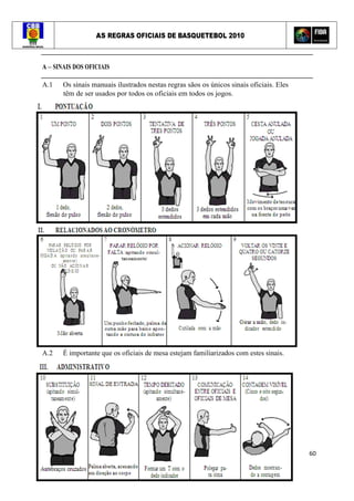 AS REGRAS OFICIAIS DE BASQUETEBOL 2010
60
A – SINAIS DOS OFICIAIS
A.1 Os sinais manuais ilustrados nestas regras sãos os únicos sinais oficiais. Eles
têm de ser usados por todos os oficiais em todos os jogos.
A.2 É importante que os oficiais de mesa estejam familiarizados com estes sinais.
 