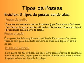 Tipos de Passes 
Existem 3 tipos de passes sendo eles: 
Passe de peito: 
É o passe normalmente mais utilizado em jogo. Este passe efectua-se 
flectindo os braços e depois esticando-os totalmente fazendo a bola ir 
direccionada para o peito do colega. 
Passe picado: 
É um passe também regularmente utilizado. Este passe efectua-se 
fazendo com que a bola bata primeiro no chão e só depois ir para o 
colega. 
Passe de ombro: 
É um passe não tão utilizado em jogo. Este passe efectua-se pegando a 
bola com uma mão, depois puxa-se a mão até atrás das costas e depois 
lançamos a bola na direcção do colega. 
 