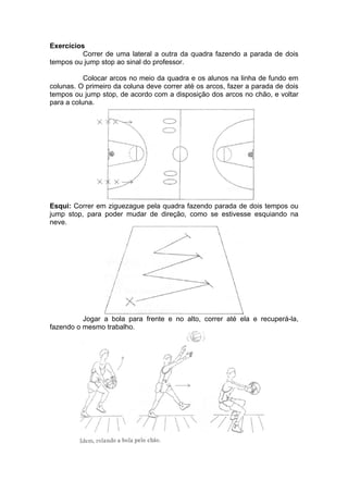Exercícios
Correr de uma lateral a outra da quadra fazendo a parada de dois
tempos ou jump stop ao sinal do professor.
Colocar arcos no meio da quadra e os alunos na linha de fundo em
colunas. O primeiro da coluna deve correr até os arcos, fazer a parada de dois
tempos ou jump stop, de acordo com a disposição dos arcos no chão, e voltar
para a coluna.
Esqui: Correr em ziguezague pela quadra fazendo parada de dois tempos ou
jump stop, para poder mudar de direção, como se estivesse esquiando na
neve.
Jogar a bola para frente e no alto, correr até ela e recuperá-la,
fazendo o mesmo trabalho.
 