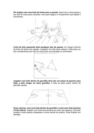 Em duplas com uma bola de frente para a parede. Quem tem a bola passa-a
por trás do corpo para a parede, mas quem pega é o companheiro que repete o
movimento.
Linha de três passando bola (qualquer tipo de passe). Ao chegar próximo
da linha de lance livre oposta, o jogador do meio deve passar a bola para um
dos companheiros por trás do corpo para uma bandeja ou arremesso.
Jogador com bola dentro do garrafão deve dar um passe de gancho para
fazer a bola chegar ao outro garrafão. A bola só pode quicar dentro do
garrafão oposto.
Duas colunas, uma com bola dentro do garrafão e outra sem bola próximo
à linha lateral. Jogador com bola deve lançá-la ao outro que disparou. Só pode
receber a bola quando ultrapassar a linha central da quadra. Pode finalizar em
bandeja.
 