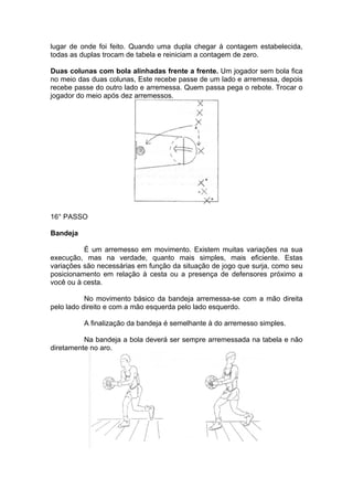 lugar de onde foi feito. Quando uma dupla chegar à contagem estabelecida,
todas as duplas trocam de tabela e reiniciam a contagem de zero.
Duas colunas com bola alinhadas frente a frente. Um jogador sem bola fica
no meio das duas colunas, Este recebe passe de um lado e arremessa, depois
recebe passe do outro lado e arremessa. Quem passa pega o rebote. Trocar o
jogador do meio após dez arremessos.
16° PASSO
Bandeja
É um arremesso em movimento. Existem muitas variações na sua
execução, mas na verdade, quanto mais simples, mais eficiente. Estas
variações são necessárias em função da situação de jogo que surja, como seu
posicionamento em relação à cesta ou a presença de defensores próximo a
você ou à cesta.
No movimento básico da bandeja arremessa-se com a mão direita
pelo lado direito e com a mão esquerda pelo lado esquerdo.
A finalização da bandeja é semelhante à do arremesso simples.
Na bandeja a bola deverá ser sempre arremessada na tabela e não
diretamente no aro.
 
