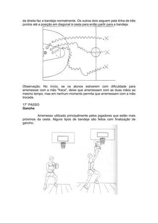 da direita faz a bandeja normalmente. Os outros dois seguem pela linha de três
pontos até a posição em diagonal à cesta para então partir para a bandeja.
Observação: No início, se os alunos estiverem com dificuldade para
arremessar com a mão "fraca", deixe que arremessem com as duas mãos ao
mesmo tempo, mas em nenhum momento permita que arremessem com a mão
trocada.
17° PASSO
Gancho
Arremesso utilizado principalmente pelos jogadores que estão mais
próximos da cesta. Alguns tipos de bandeja são feitos com finalização de
gancho.
 