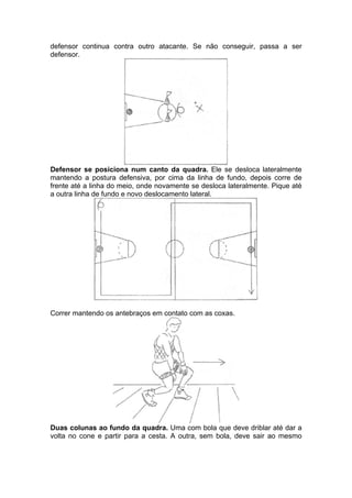 defensor continua contra outro atacante. Se não conseguir, passa a ser
defensor.
Defensor se posiciona num canto da quadra. Ele se desloca lateralmente
mantendo a postura defensiva, por cima da linha de fundo, depois corre de
frente até a linha do meio, onde novamente se desloca lateralmente. Pique até
a outra linha de fundo e novo deslocamento lateral.
Correr mantendo os antebraços em contato com as coxas.
Duas colunas ao fundo da quadra. Uma com bola que deve driblar até dar a
volta no cone e partir para a cesta. A outra, sem bola, deve sair ao mesmo
 