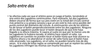 Salto entre dos
• Se efectúa cada vez que el árbitro pone en juego el balón, lanzándolo al
aire entre dos jugadores contrincantes. Para realizarlo, los dos jugadores
deben situarse de forma que sus pies estén en la mitad del círculo central
más próximo a su propia canasta y que un pie esté lo más cerca posible del
punto central del diámetro del círculo. A continuación uno de los árbitros
ha de lanzar el balón perpendicularmente entre los dos jugadores. Ninguno
de los dos jugadores puede tocar el balón después de que éste haya
llegado a su altura máxima. Si cayera al suelo sin que por lo menos uno de
los jugadores lo hubiera tocado, el árbitro hace repetir el salto. Los
jugadores en cuestión no pueden tocar el balón hasta que éste alcance su
máxima altura y no abandonar el sector de salto hasta que el balón haya
sido alcanzado. Los jugadores, en el salto, no pueden tocarlo más de dos
veces. A la vista de estas reglas se comprende por qué se repiten los saltos:
los jugadores infringen las mismas con mucha frecuencia.
 