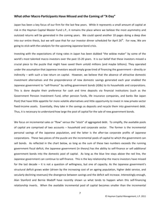 7 
© Hayman Capital Management, L.P. 2011 
What other Macro Participants Have Missed and the Coming of “X‐Day”  
Japan has been a key focus of our firm for the last few years.  While it represents a small amount of capital at 
risk in the Hayman Capital Master Fund L.P., it remains the place where we believe the most asymmetry and 
outsized returns will be generated in the coming years.  We could spend another 10 pages doing a deep dive 
into our entire thesis, but we will save that for our investor dinner scheduled for April 26th
.  For now, We are 
going to stick with the catalysts for the upcoming Japanese bond crisis.   
Investing with the expectations of rising rates in Japan has been dubbed “the widow maker” by some of the 
world’s most talented macro investors over the past 15‐20 years.  It is our belief that these investors missed a 
crucial  piece  to  the  puzzle  that  might  have  saved  them  untold  millions  (and  maybe  billions).  They  operated 
under the assumption that Japanese investors would simply grow tired of financing the government – directly or 
indirectly – with such a low return on capital.  However, we believe that the absence of attractive domestic 
investment  alternatives  and  the  preponderance  of  new  domestic  savings  generated  each  year  enabled  the 
Japanese government to “self‐finance” by selling government bonds (JGBs) to its households and corporations. 
This  is  done  despite  their  preference  for  cash  and  time  deposits  via  financial  institutions  (such  as  the 
Government  Pension  Investment  Fund,  other  pension  funds,  life  insurance  companies,  and  banks  like  Japan 
Post) that have little appetite for more volatile alternatives and little opportunity to invest in new private sector 
fixed‐income assets.  Essentially, they take in the savings as deposits and recycle them into government debt. 
Thus, it is necessary to understand how large the pool of capital for the sale of new government bonds.   
 
We focus on incremental sales or “flow” versus the “stock” of aggregated debt.  To simplify, the available pools 
of  capital  are  comprised  of  two  accounts  –  household  and  corporate  sector.    The  former  is  the  incremental 
personal  savings  of  the  Japanese  population,  and  the  latter  is  the  after‐tax  corporate  profits  of  Japanese 
corporations.  These two pieces of the puzzle are the incremental pools of capital to which the government can 
sell  bonds.    As  reflected  in  the  chart  below,  as  long  as  the  sum  of  these  two  numbers  exceeds  the  running 
government fiscal deficit, the Japanese government (in theory) has the ability to self‐finance or sell additional 
government  bonds  into  the  domestic  pool  of  capital.    As  long as  the  blue  line  stays  above  the  red  line,  the 
Japanese government can continue to self‐finance.  This is the key relationship the macro investors have missed 
for  the  last  decade  –  it  is  not  a  question  of  willingness,  but  one  of  capacity.  As  the  Japanese  government’s 
structural deficit grows wider (driven by the increasing cost of an ageing population, higher debt service, and 
secularly declining revenues) the divergence between savings and the deficit will increase. Interestingly enough, 
Alan  Stanford  and  Bernie  Madoff  have  recently  shown  us  what  tends  to  happen  when  this  self‐financing 
relationship  inverts.    When  the  available  incremental  pool  of  capital  becomes  smaller  than  the  incremental 
 