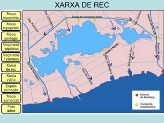 XARXA DE REC Mapa toponímic Mapa topogràfic Mapa geològic Vegetació aquàtica Vegetació i conreus Xarxa de rec Xarxa viària Espais protegits Mapa comarcal Foto aèria 