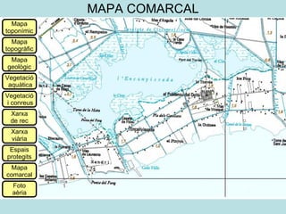 MAPA COMARCAL Mapa toponímic Mapa topogràfic Mapa geològic Vegetació aquàtica Vegetació i conreus Xarxa de rec Xarxa viària Espais protegits Mapa comarcal Foto aèria 
