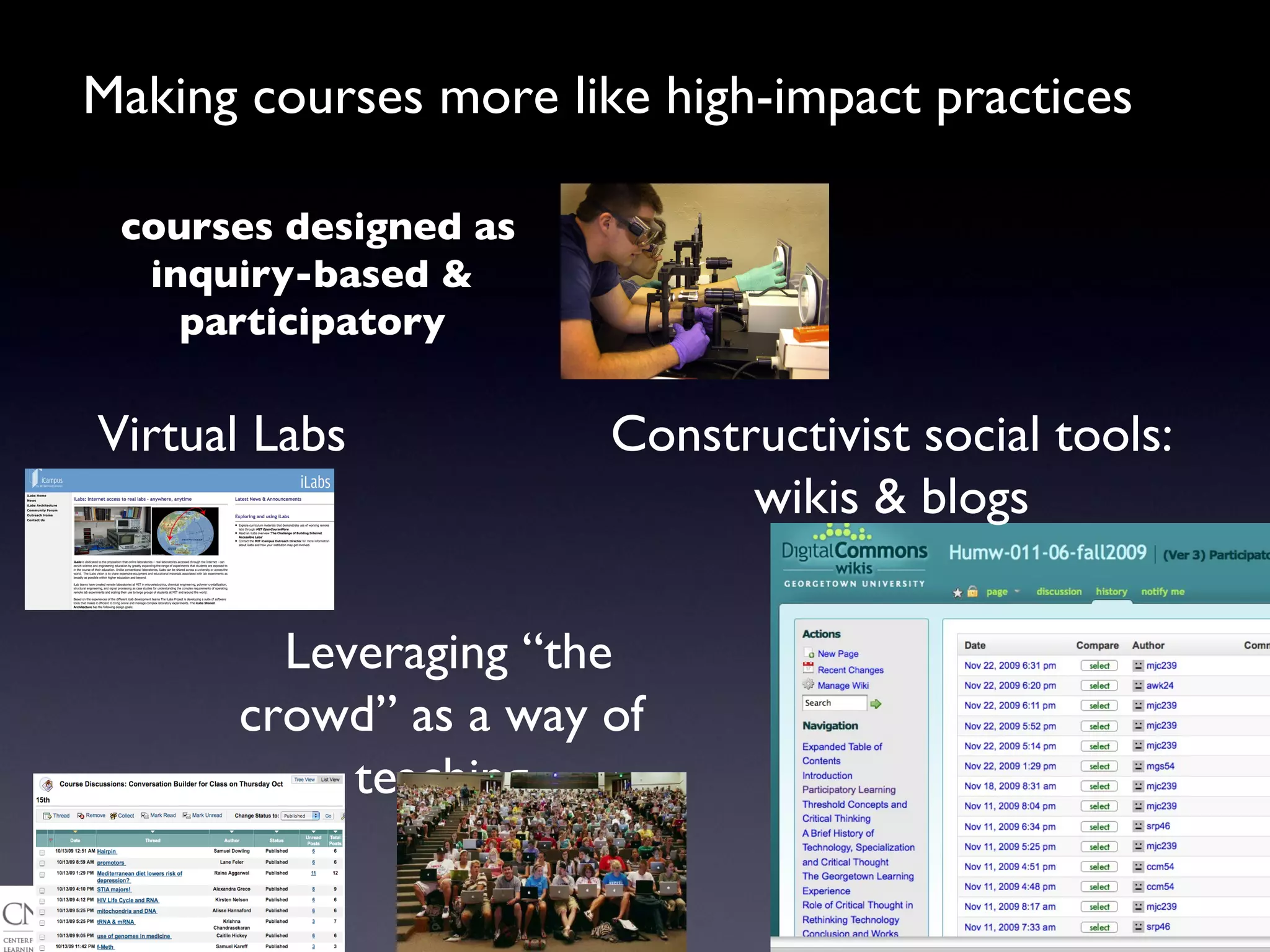 Making courses more like high-impact practices courses designed as inquiry-based & participatory Virtual Labs Leveraging “the crowd” as a way of teaching Constructivist social tools: wikis & blogs 