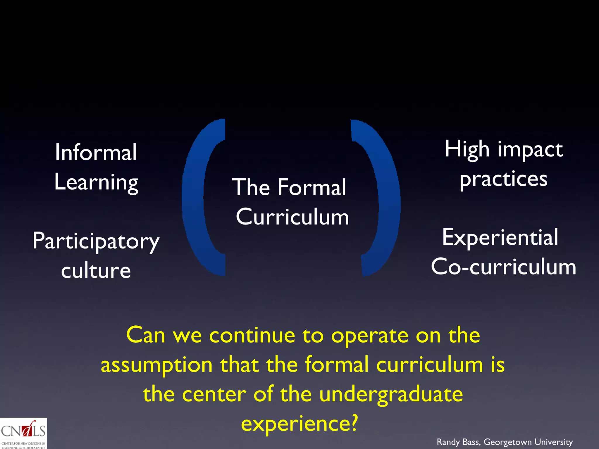 The Formal  Curriculum Informal Learning Participatory culture High impact practices Experiential  Co-curriculum Can we continue to operate on the assumption that the formal curriculum is the center of the undergraduate experience?  