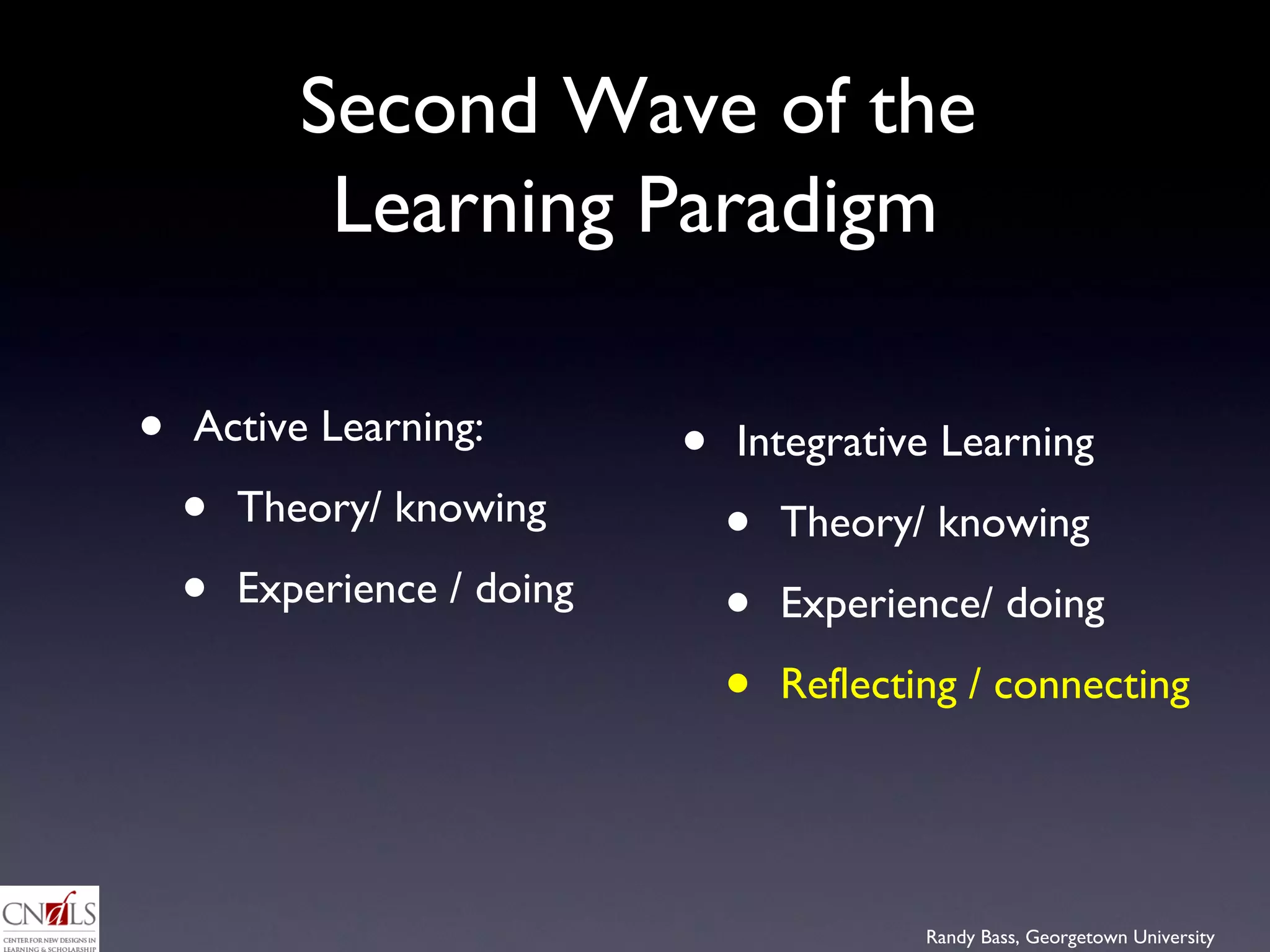 Second Wave of the  Learning Paradigm Active Learning:  Theory/ knowing Experience / doing Integrative Learning Theory/ knowing Experience/ doing Reflecting / connecting 