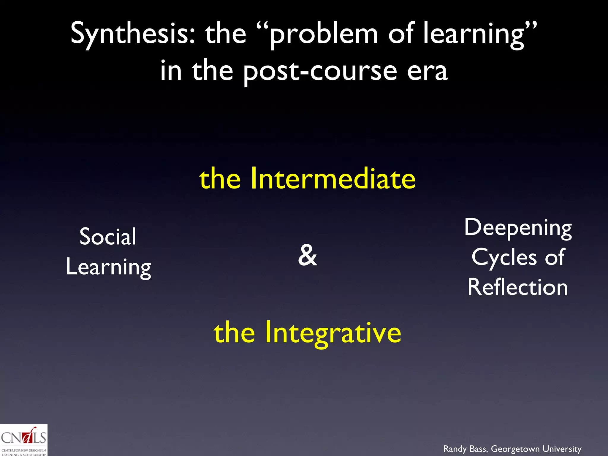 Synthesis: the “problem of learning” in the post-course era the Intermediate & the Integrative Social Learning Deepening Cycles of Reflection 