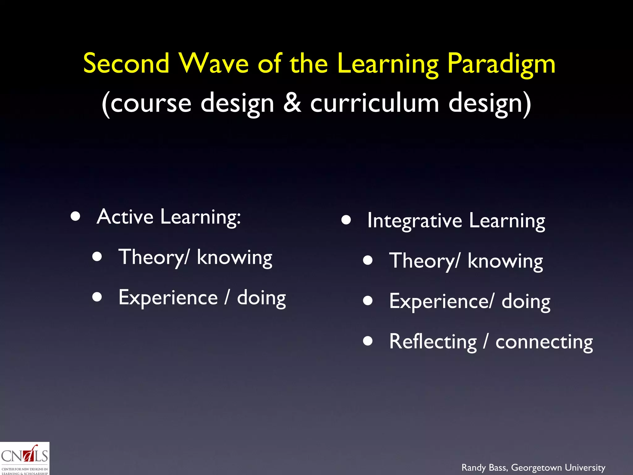 Second Wave of the Learning Paradigm  (course design & curriculum design) Active Learning:  Theory/ knowing Experience / doing Integrative Learning Theory/ knowing Experience/ doing Reflecting / connecting 