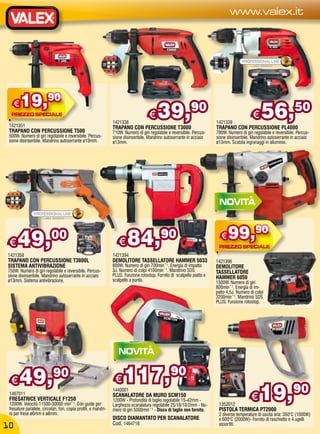 www.valex.it




        19,90
                                                                                            39,90                                                    56,50
   €
                                                                  1421338
                                                                                       €                                   1421339
                                                                                                                                                €
 1421351                                                          TRAPANO CON PERCUSSIONE T3000                            TRAPANO CON PERCUSSIONE PL4000
 TRAPANO CON PERCUSSIONE T500                                     710W. Numero di giri regolabile e reversibile. Percus-   780W. Numero di giri regolabile e reversibile. Percus-
 500W. Numero di giri regolabile e reversibile. Percus-           sione disinseribile. Mandrino autoserrante in acciaio    sione disinseribile. Mandrino autoserrante in acciaio
 sione disinseribile. Mandrino autoserrante ø13mm.                ø13mm.                                                   ø13mm. Scatola ingranaggi in alluminio.




 €    49,                   00
                                                                     €    84,                 90                              €   99,90
1421358                                                           1421394
TRAPANO CON PERCUSSIONE T3800L                                    DEMOLITORE TASSELLATORE HAMMER 5033                      1421396
SISTEMA ANTIVIBRAZIONE                                            800W. Numero di giri 700min¯¹. Energia di impatto        DEMOLITORE
750W. Numero di giri regolabile e reversibile. Percus-            3J. Numero di colpi 4100min¯¹. Mandrino SDS              TASSELLATORE
sione disinseribile. Mandrino autoserrante in acciaio             PLUS. Funzione rotostop. Fornito di scalpello piatto e   HAMMER 6050
ø13mm. Sistema antivibrazione.                                    scalpello a punta.                                       1500W. Numero di giri
                                                                                                                           800min¯¹. Energia di im-
                                                                                                                           patto 4,5J. Numero di colpi
                                                                                                                           3200min¯¹. Mandrino SDS
                                                                                                                           PLUS. Funzione rotostop.




  €    49,                   90                                    €    117,90
 1467011
 FRESATRICE VERTICALE F1250
 1200W. Velocità 11500-30000 min¯¹. Con guide per
 fresature parallele, circolari, fori, copia profili, e mandri-
                                                                  1440001
                                                                  SCANALATORE DA MURO SCM150
                                                                  1200W - Profondità di taglio regolabile 15-42mm -
                                                                  Larghezza scanalatura regolabile 25/18/10/2mm - Nu-       1352012
                                                                                                                                               €    19,                90
                                                                  mero di giri 5000min¯¹ - Disco di taglio non fornito.     PISTOLA TERMICA PT2000
 ni per frese ø6mm e ø8mm.                                                                                                  2 diverse temperature di uscita aria: 350°C (1000W)
                                                                  DISCO DIAMANTATO PER SCANALATORE                          e 600°C (2000W)- Fornito di raschietto e 4 ugelli
                                                                  Cod. 1464718                                              assortiti.
10
 