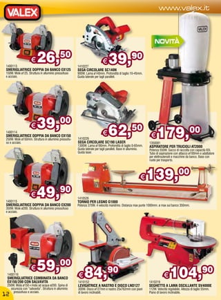 www.valex.it




1400113
                     €   26,50                         1410227
                                                                           €    39,90
SMERIGLIATRICE DOPPIA DA BANCO EX125                   SEGA CIRCOLARE SC140N
150W. Mole ø125. Struttura in alluminio pressofuso     900W. Lama ø140mm. Profondità di taglio 10-45mm.
e acciaio.                                             Guida laterale per tagli paralleli.




                     €   39,                 00
                                                                                62,                50
1400114
SMERIGLIATRICE DOPPIA DA BANCO EX150
250W. Mole ø150mm. Struttura in alluminio pressofu-
so e acciaio.
                                                       1410226
                                                                           €
                                                       SEGA CIRCOLARE SC190 LASER
                                                                                                                 €    179,00
                                                                                                                1350081
                                                       1300W. Lama ø190mm. Profondità di taglio 0-65mm.         ASPIRATORE PER TRUCIOLI AT2000
                                                       Guida laterale per tagli paralleli. Base in alluminio.   Potenza 550W. Sacco di raccolta con capacità 65l.
                                                       Guida laser.                                             Tubo di aspirazione con attacco ø100mm e adattatore
                                                                                                                per elettroutensili e macchine da banco. Base con
                                                                                                                ruote per trasporto.




                                                                                                          €     139,00
1400115
                     €   49,90                         1410526
                                                       TORNIO PER LEGNO G1000
SMERIGLIATRICE DOPPIA DA BANCO EX200                   Potenza 370W. 4 velocità mandrino. Distanza max punte 1000mm. ø max sul banco 350mm.
350W. Mole ø200. Struttura in alluminio pressofuso
e acciaio.




 1400116
                     €   59,00 € 84,90                                                                                      €    104,90
 SMERIGLIATRICE COMBINATA DA BANCO
 EX150/200 CON SALVAVITA                               1410152                                                  1410219
 250W. Mola ø150+mola ad acqua ø200. Spina di          LEVIGATRICE A NASTRO E DISCO LND127                      SEGHETTO A LAMA OSCILLANTE SV4000E
   sicurezza con “salvavita”. Struttura in alluminio   300W. Disco ø127mm e nastro 25x762mm con piani           112W. Velocità regolabile. Altezza di taglio 55mm.
     pressofuso e acciaio.                             di lavoro inclinabili.                                   Piano di lavoro inclinabile.
 