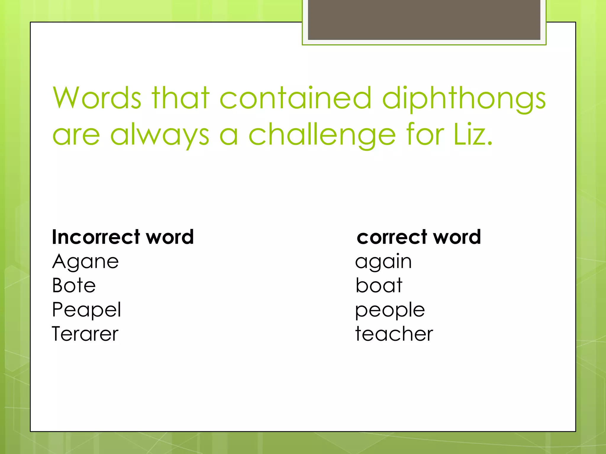 Words that contained diphthongs
are always a challenge for Liz.


Incorrect word    correct word
Agane             again
Bote              boat
Peapel            people
Terarer           teacher
 