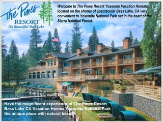 Have the magnificent experience at The Pines Resort Bass Lake CA  Vacation Homes Yosemite National Park  the unique place with natural beauty. Welcome to The Pines Resort Yosemite Vacation Rentals, located on the shores of spectacular Bass Lake, CA very convenient to Yosemite National Park set in the heart of the Sierra National Forest.  