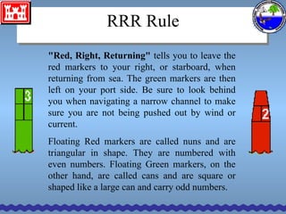 RRR Rule "Red, Right, Returning"  tells you to leave the red markers to your right, or starboard, when returning from sea. The green markers are then left on your port side. Be sure to look behind you when navigating a narrow channel to make sure you are not being pushed out by wind or current. Floating Red markers are called nuns and are triangular in shape. They are numbered with even numbers. Floating Green markers, on the other hand, are called cans and are square or shaped like a large can and carry odd numbers.  