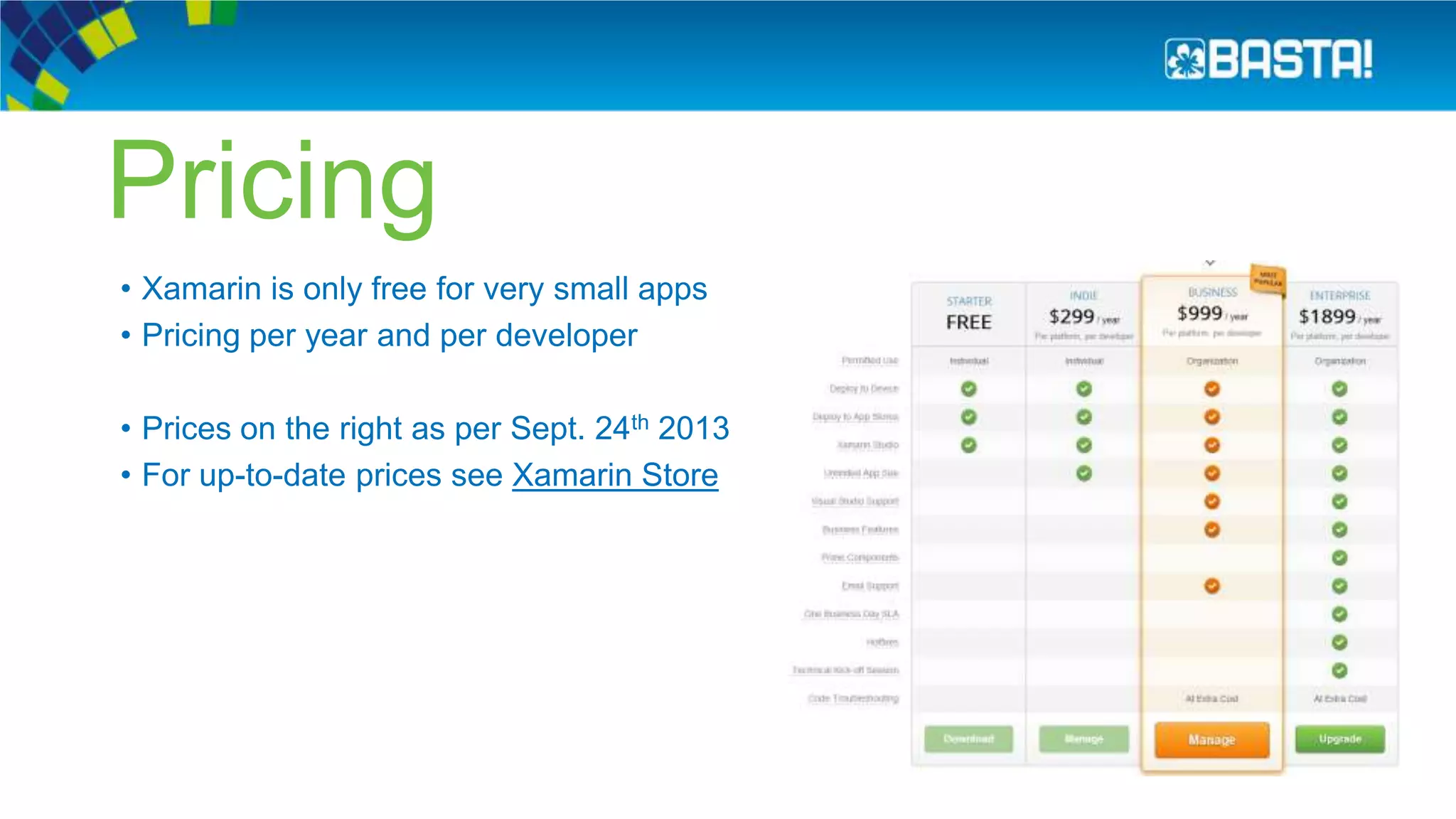 • Xamarin is only free for very small apps
• Pricing per year and per developer
• Prices on the right as per Sept. 24th 2013
• For up-to-date prices see Xamarin Store
Pricing
 