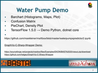 7
Water Pump Demo
• Barchart (Histograms, Maps, Plot)
• Confusion Matrix
• PieChart, Density Plot
• TensorFlow 1.5.0 → Demo Python, dotnet core
•
https://github.com/maxkleiner/maXbox/blob/master/waterpumpspredictor2.ipynb
GraphViz-C-Sharp-Wrapper Demo:
https://sourceforge.net/projects/maxbox/files/Examples/EKON/BASTA2020/visout.zip/download
https://github.com/helgeu/GraphViz-C-Sharp-Wrapper
 