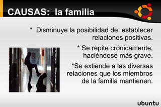 CAUSAS: la familia
    * Disminuye la posibilidad de establecer
                        relaciones positivas.
                   * Se repite crónicamente,
                     haciéndose más grave.
                  *Se extiende a las diversas
                relaciones que los miembros
                     de la familia mantienen.
 