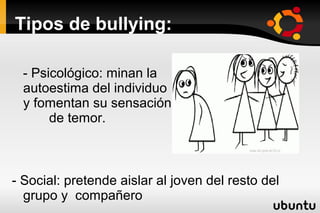 Tipos de bullying:

  - Psicológico: minan la
  autoestima del individuo
  y fomentan su sensación
       de temor.



- Social: pretende aislar al joven del resto del
  grupo y compañero
 