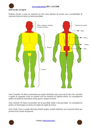 www.sotai.com.br REV: JAN/2008
ZONAS DE ATAQUE

Podemos dividir o corpo do oponente em três zonas distintas de acordo com a possibilidade de
ocasionar lesões de maior ou menor gravidade.



                                     Olhos, têmpora, traquéia,                         Posterior do crânio
                                     Frontal do crânio.

                                                                                                Nuca



                                                                                                    Tronco



                                                                                                       Coluna
                                                     Braços
                                                                                                     Rins




                                            Pernas




Zona Vermelha: Os danos ocasionados por golpes desferidos nessa zona são de alto risco, devendo
o agente de segurança evitar ou somente usar em situações de legítima defesa. As conseqüências
podem ser perda da consciência, lesões graves, choque ou morte.

Zona Amarela: Os danos ocasionados são de gravidade média a alta gravidade. As conseqüências
podem ser hemorragias ou lesões em órgãos da região do tronco.

Zona Verde: Essa é a região ideal para desferir golpes visando imobilizar sem ocasionar danos que
possam levar a morte do agressor.




                                    Contatos: info@sotai.com.br
 