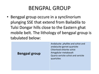 BENGPAL GROUP
• Bengpal group occure in a synclinorium
plunging SSE that extend from Bailadila to
Tulsi Dongar hills close to the Eastern ghat
mobile belt. The lithology of bengpal group is
tabulated below:
Bengpal group
Andalusite .phyllite and schist and
andalucite-garnet quartzite
Chloritoid-chlorite schist
Amygdular metabasalt
Quartz-sericite schist and sericite
quartzites
 