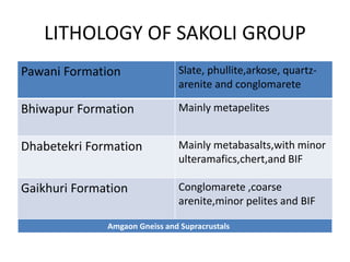 LITHOLOGY OF SAKOLI GROUP
Pawani Formation Slate, phullite,arkose, quartz-
arenite and conglomarete
Bhiwapur Formation Mainly metapelites
Dhabetekri Formation Mainly metabasalts,with minor
ulteramafics,chert,and BIF
Gaikhuri Formation Conglomarete ,coarse
arenite,minor pelites and BIF
Amgaon Gneiss and Supracrustals
 