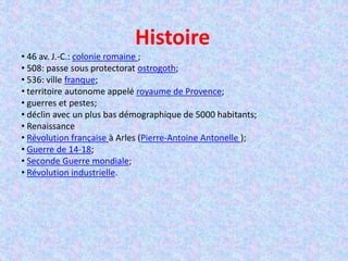 Histoire
• 46 av. J.-C.: colonie romaine ;
• 508: passe sous protectorat ostrogoth;
• 536: ville franque;
• territoire autonome appelé royaume de Provence;
• guerres et pestes;
• déclin avec un plus bas démographique de 5000 habitants;
• Renaissance
• Révolution française à Arles (Pierre-Antoine Antonelle );
• Guerre de 14-18;
• Seconde Guerre mondiale;
• Révolution industrielle.
 