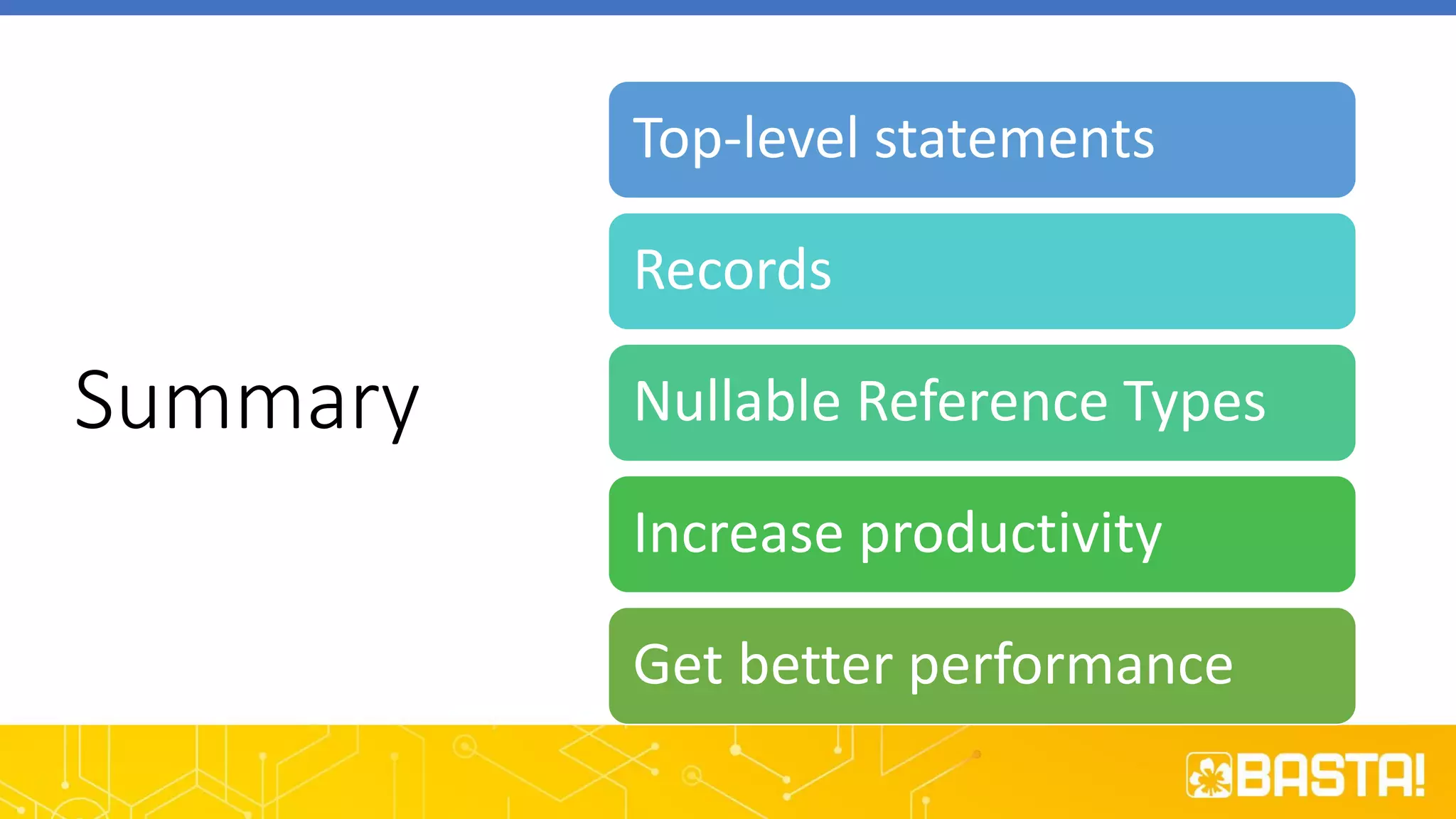Summary
Top-level statements
Records
Nullable Reference Types
Increase productivity
Get better performance
 