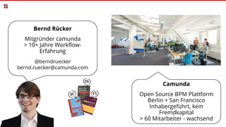 Bernd Rücker
Mitgründer camunda
> 10+ Jahre Workflow-
Erfahrung
@berndruecker
bernd.ruecker@camunda.com
Camunda
Open Source BPM Plattform
Berlin + San Francisco
Inhabergeführt, kein
Fremdkapital
> 60 Mitarbeiter - wachsend
 