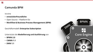Camunda BPM
Ist eine
• entwicklerfreundliche
• Open Source – Plattform für
• Workflow & Business Process Management (BPM)
Geschäftsmodell: Enterprise Subscription
Unterstützt die Modellierung und Ausführung von
• BPMN 2.0
• CMMN 1.1
• DMN 1.1
 