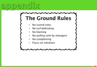 The Ground Rules
 •   No scared cows
 •   No turf-defending
 •   No blaming
 •   No pulling rank by managers
 •   No compl...