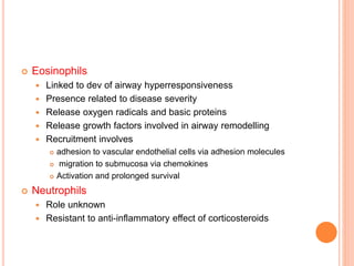  Eosinophils
 Linked to dev of airway hyperresponsiveness
 Presence related to disease severity
 Release oxygen radicals and basic proteins
 Release growth factors involved in airway remodelling
 Recruitment involves
 adhesion to vascular endothelial cells via adhesion molecules
 migration to submucosa via chemokines
 Activation and prolonged survival
 Neutrophils
 Role unknown
 Resistant to anti-inflammatory effect of corticosteroids
 