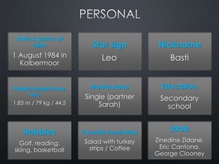 Nickname
Basti
Education
Secondary
school
Idols
Zinedine Zidane,
Eric Cantona,
George Clooney
Star sign
Leo
Marital status
Single (partner
Sarah)
Favorite food/drink
Salad with turkey
strips / Coffee
Date & place of
birth
1 August 1984 in
Kolbermoor
Height/weight/shoe
size
1.83 m / 79 kg / 44.5
Hobbies
Golf, reading,
skiing, basketball
 