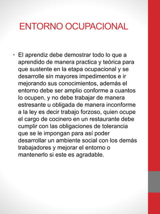 ENTORNO OCUPACIONAL
• El aprendiz debe demostrar todo lo que a
aprendido de manera practica y teórica para
que sustente en la etapa ocupacional y se
desarrolle sin mayores impedimentos e ir
mejorando sus conocimientos, además el
entorno debe ser amplio conforme a cuantos
lo ocupen, y no debe trabajar de manera
estresante u obligada de manera inconforme
a la ley es decir trabajo forzoso, quien ocupe
el cargo de cocinero en un restaurante debe
cumplir con las obligaciones de tolerancia
que se le impongan para así poder
desarrollar un ambiente social con los demás
trabajadores y mejorar el entorno o
mantenerlo si este es agradable.
 
