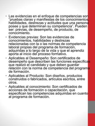 • Las evidencias en el enfoque de competencias son
“pruebas claras y manifiestas de los conocimientos,
habilidades, destrezas y actitudes que una persona
posee y que determinan su competencia”. Pueden
ser: previas, de desempeño, de producto, de
conocimiento.
• Evidencias previas: Son las evidencias de
conocimientos, habilidades y destrezas
relacionadas con la o las normas de competencia
laboral propias del programa de formación,
adquiridas a lo largo de la vida y que el aprendiz
aporta al inicio del proceso formativo.
• Aplicables al Desempeño: Son certificados de
desempeño que describen las funciones específicas
que realizó el candidato y que deben guardar
relación con la norma de competencia del programa
de formación.
• Aplicables al Producto: Son diseños, productos
construidos o fabricados, artículos escritos, entre
otros.
• Aplicables al conocimiento: Son certificados de
acciones de formación o capacitación, que
especifican las competencias adquiridas en cuanto
al programa de formación.
 