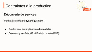 Contraintes à la production
Découverte de services
Permet de connaître dynamiquement :
● Quelles sont les applications disponibles
● Comment y accéder (IP et Port via requête DNS)
 