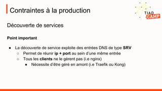Contraintes à la production
Découverte de services
Point important
● La découverte de service exploite des entrées DNS de type SRV
○ Permet de réunir ip + port au sein d’une même entrée
○ Tous les clients ne le gèrent pas (i.e nginx)
● Nécessite d’être géré en amont (i.e Traefik ou Kong)
 