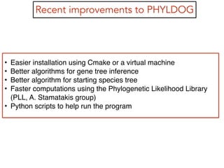 Recent improvements to PHYLDOG
• Easier installation using Cmake or a virtual machine!
• Better algorithms for gene tree inference!
• Better algorithm for starting species tree!
• Faster computations using the Phylogenetic Likelihood Library
(PLL, A. Stamatakis group)!
• Python scripts to help run the program
 